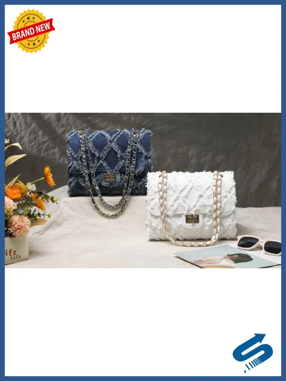 Women's Distressed Denim Quilted Satchel Handbag with Chain Strap